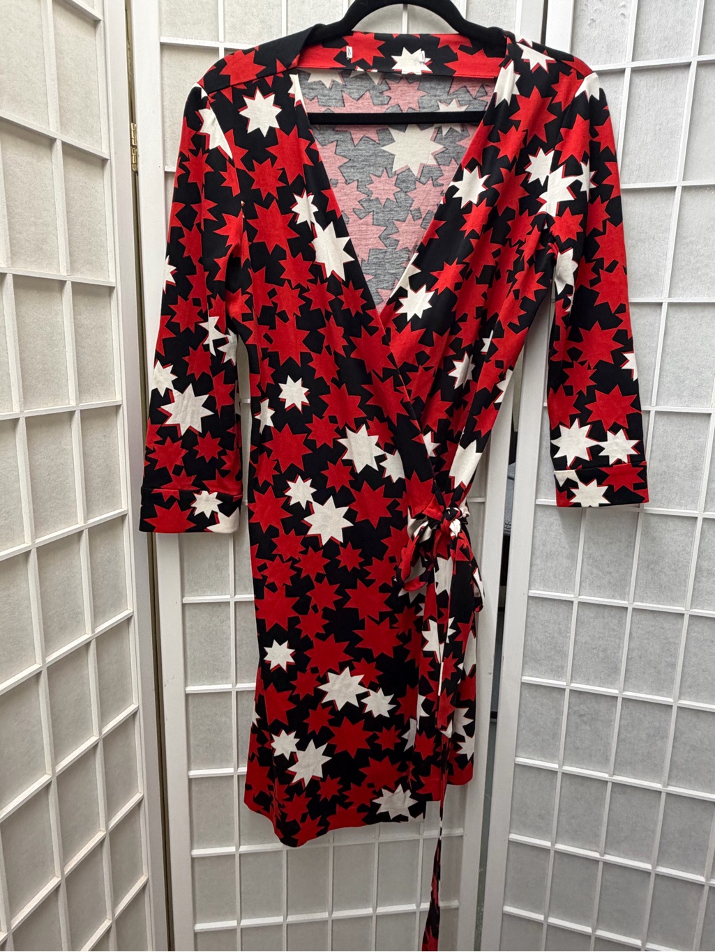 Diane Von Furstenburg Julian Two Wrap Dress Star Print Red, Black, White Small
